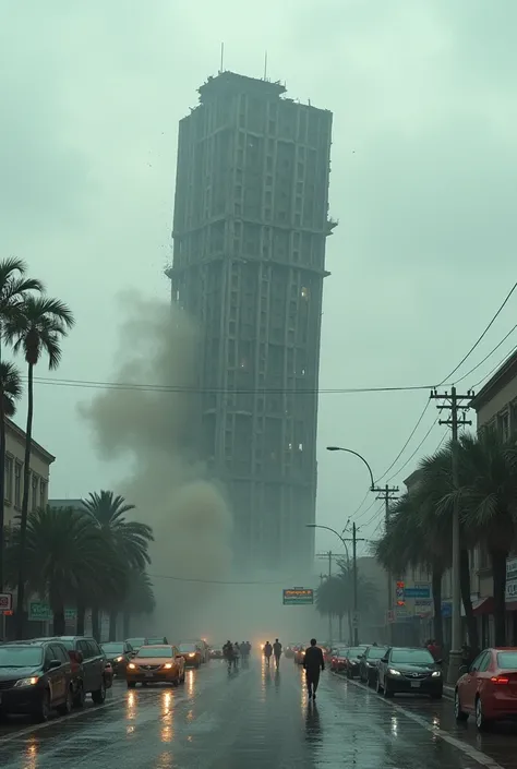 
 A hyperrealistic and cinematic scene of a tall building collapsing in the middle of a flooded city. caused by the huge tsunami , The building is tumbling dramatically to the side,  raising a large cloud of dust and debris . In the foreground,  there are ...