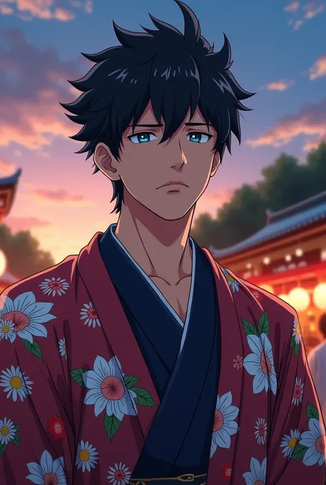 Pictured is at a Japanese festival at dusk, Does a 45-year-old man wearing yukata stand out,  with black hair, high, Defined face and blue eyes,  serious and penetrating look . the whole body appears.  anime style,  Shonen Jump style illustration .