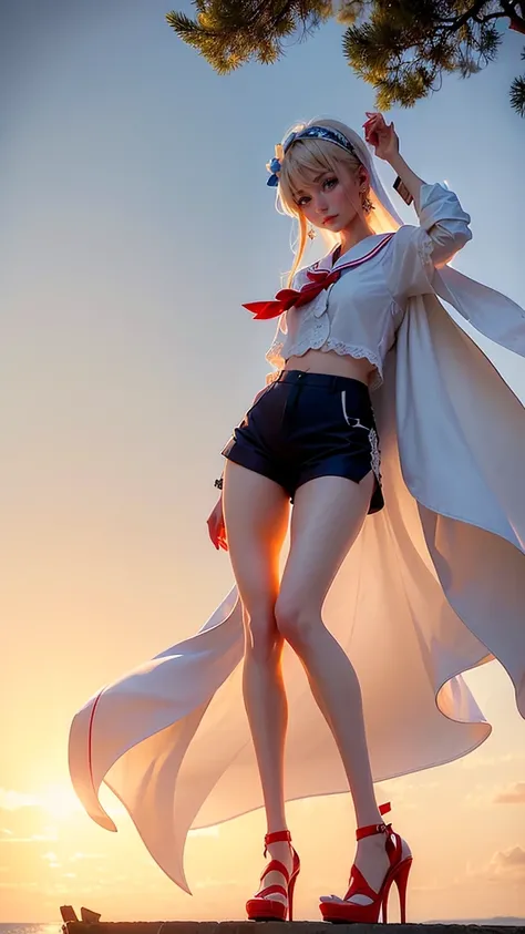 Outdoors、Clear skies、 on top of the hill、Trees can be seen in the distance、There are 2 legs、 Japanese high school girl、 White Shirts、 sailor collar 、 sailor collar は赤色、 collar is white striped、sexy shirt、(((( white shorts、 flare shorts 、Delicate lace on th...