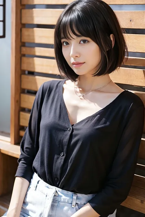 35 year old Japanese woman with short black hair、 open chest shirt、 sexy、