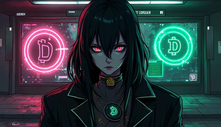 London Undeground bilboard dark anime character with a Digicoin similar like bitcoin style , made black coin with green 'D' in the middle , acid style , add some acid details in the background , drugs colours , high quality detalis , dark mode , creepy , h...