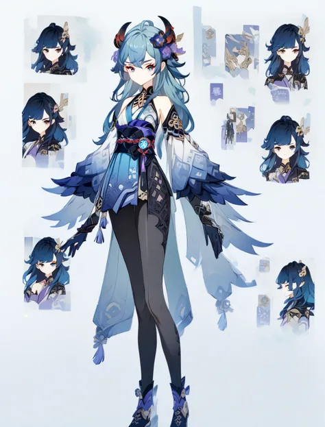 ((masterpiece)), (( best quality )), (( high resolution )), full denim boots, soles, white soles, fantasy, Genshin Clothing, Genshin Outfits, fantasy theme, Genshin costume, fantasy theme, , character information panel, standing, long blue hair, mint eyes ...