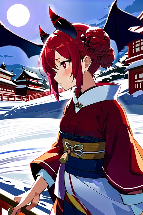 ( Masterpiece.  best image quality taken by Ki ).  one girl . The Girl of Malta .  horsetail.( Japanese demon costume :1.4).(   Snow Scenery  :0.8).（Setsubun：1.4）