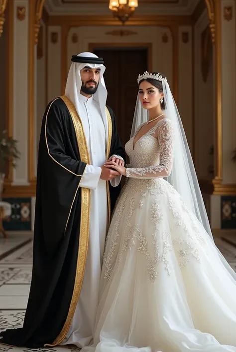 Um lindo shake, he is beautiful,  he looks like Michelle Torrone .((  He has a well-cut shaved beard )).  He wears the clothes of an immaculate white groom Thobe made of fine cotton ,   over the shoulders,  he wears a black cashmere bisht with gold embroid...