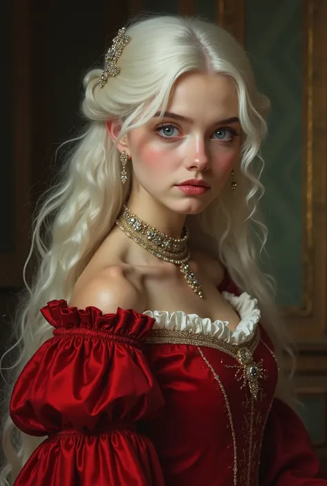 In the style of a classic full body Victorian painting, a regal age lady with flowing white hair and captivating pale blue eyes gazes serenely. She is elegantly dressed in a magnificent crimson gown, a symbol of her royal stature