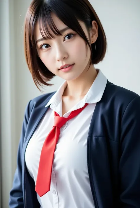 A breathtaking cowboy shot of an 18-year-old Japanese idol girl, dressed in a white shirt with a red tie and a dark blue jacket (1.2). The portrait is incredibly detailed and realistic, rendered as a RAW photo with exceptional quality. Her short hair and b...