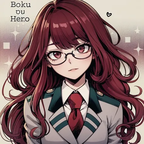 Boku no Hero Academia comics, Girl with long wavy burgundy hair,  dark brown eyes, glasses, In a U .The schoolgirl  