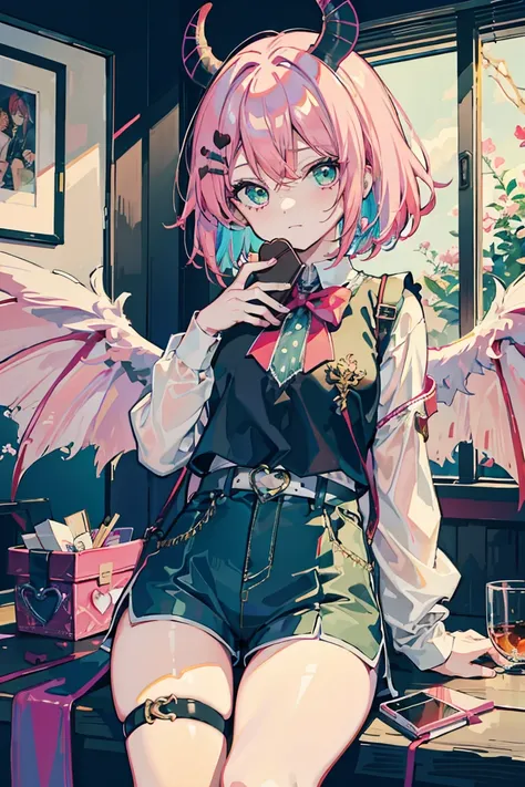  Chocolates,  valentine's day,  in the seat,  Devil's Tail and Wings ,  hair ornament,( green), colorful clothes, 赤い髪,  short bob,  shorts, Mischievous expression, beautiful expression,  pink eye, ( eyes are hearts), Pale background,18 years old,  colorful...