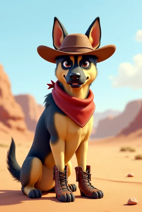 Faça o desenho de um cachorro parecido com pastor alemão so que menos peludo na cor beje claro e preto vestido de cowboy 