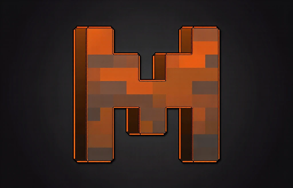 Create a logo almost like the one in this image ,  just change the background to a black background and add a brush to the image as if drawing the letter,  keep the style and the orange colors shown , Make it a letter M,  in Minecraft style 