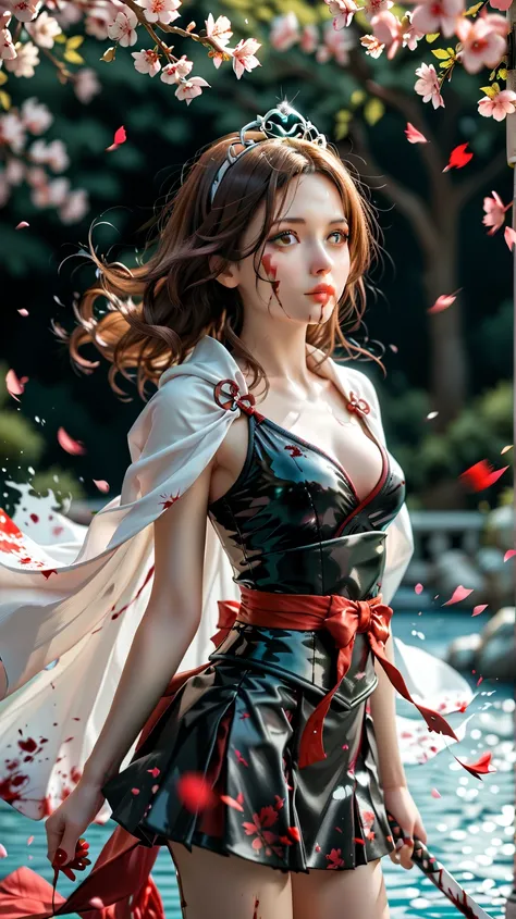 High Resolution, Masterpiece, Best Quality, Nordic princess, holding a bloody Kitana, splattered by blood, bloodsoaked, skinny, narrow hips, small buttocks, medium sized breasts, long brown auburn hair, straight flowing hair, hazel eyes, blood splattered o...