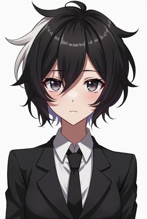 A brunette anime character with short black and white hair wearing a suit 