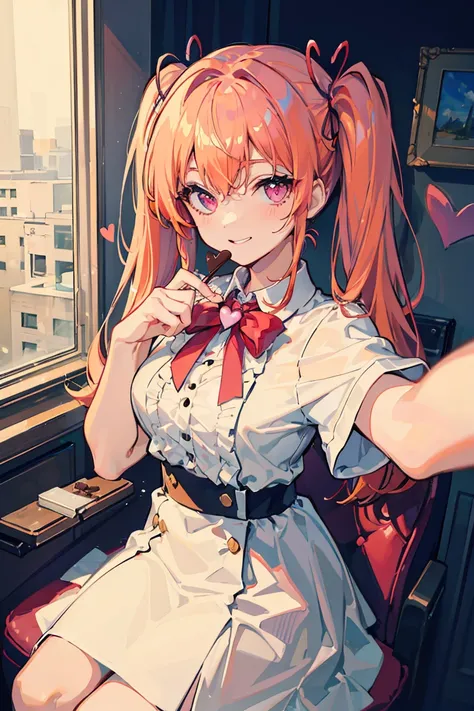  in the seat,  Chocolates,  valentine's day, 裸にribbon ,  My Room,  selfie,  orange hair,  long hair,  twin tails,  bright smile, ribbon,  jump, pink eye, (( heart eye )), stage, Pale background,,  colorful hair, Messy Hair, Tonality, Romanticism, modern ar...