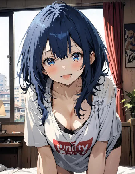 Anayanami , medium hair ,  blue eyes, stupid hair, blue hair, Big Breasts, cleavage, down blouse,  loose t-shirt ,Black string underwear ,Bare legs, standing on all fours on the bed,smile,blush, open your mouth, decor,morning,whole bodyがイラストに入るように,       b...