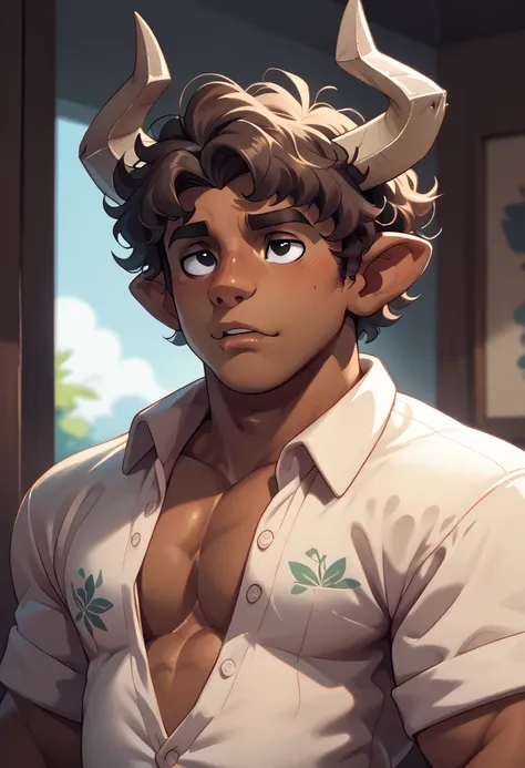 adult male, centaur, half human, from the waist down horse. short messy brown curly hair, horns bull ears, stocky body, chubby, strong arms, black eyes, tan skin. open button floral shirt