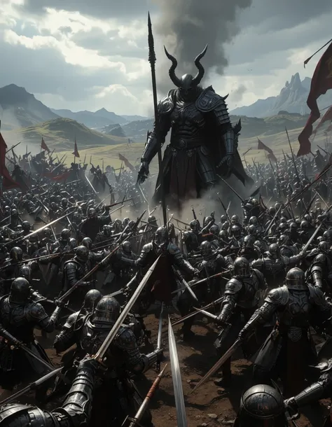 Guerra medieval, fancy, many soldiers with swords and armor who meet the devil's king, epic battle, landscape, multitudes