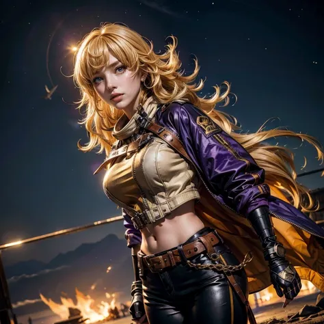 yangxiaolong, yang xiao long, smiling, long hair, blonde hair, large breasts, (purple eyes:1.3), ahoge, bangs, BREAK wearing a white ski jacket with gold trim, white ski pants, mechanical arms, single mechanical arm, prosthesis, prosthetic arm, BREAK walki...