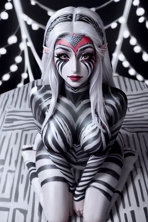 (   high resolution), Elf, ( black and white double line pattern body paint :1.3), (Red and silver brick path pattern body paint and face paint:1.2),  Paint your whole body with white paint :1.3), Silver hair straight,   asymmetrical pattern , (  full body...