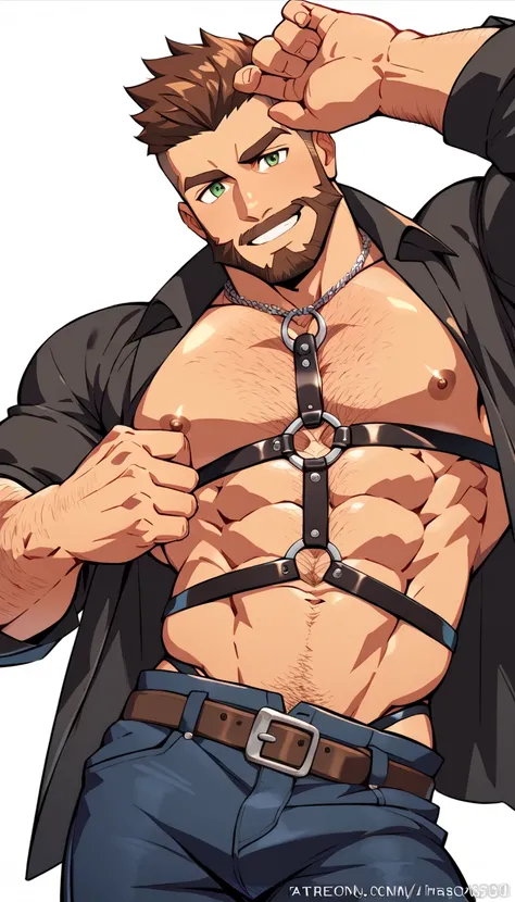 a handsome bearded tattoed hairy muscled man half naked, open his black shirt, leather harness, half full naked, smile, green eyes, brown hair, short haircut, very handsome, big arms, thin waist, big chest, small nipples, perfect anatomy, average penis, av...