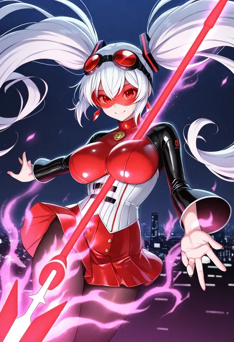 The world view of the anime Dandadan, maneki-neko specter がいます,  Hatsune Miku,  1 female,    Very Detailed Explanation   ,  twin tails, Long white hair , プリンセス cut, red futuristic clothes,  perfect female body , smile, Big Breasts,knitted corset   ,  super...