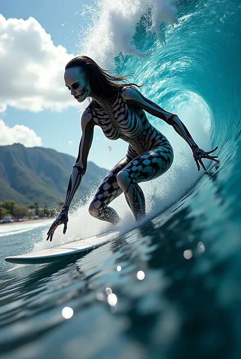 Wide-angle, Below surface view of a horrorcore White iridescent demonic fierced girl, big bust, well build body, wear surf suit, stance,surfing in the tube of black and white checkerd optical illusion wave close to water, creating a big graphical fractal i...