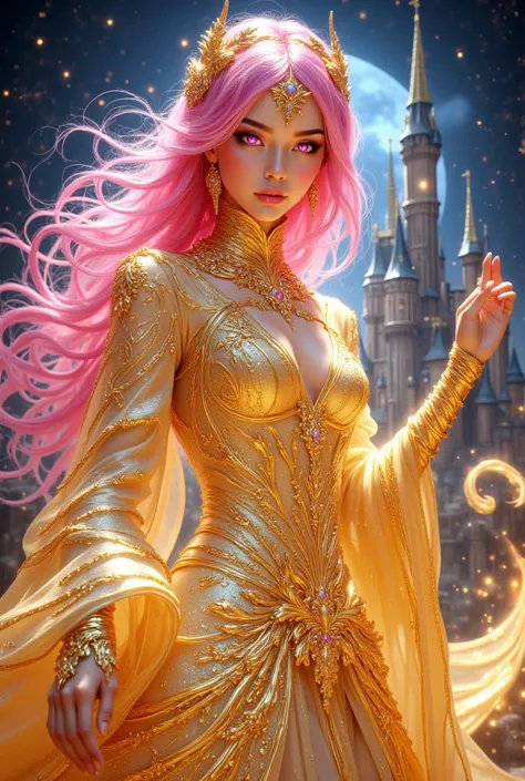 Beautiful young woman Golden attire, long pink hair, pink eyes, hers outfit gold, Background is night castle 