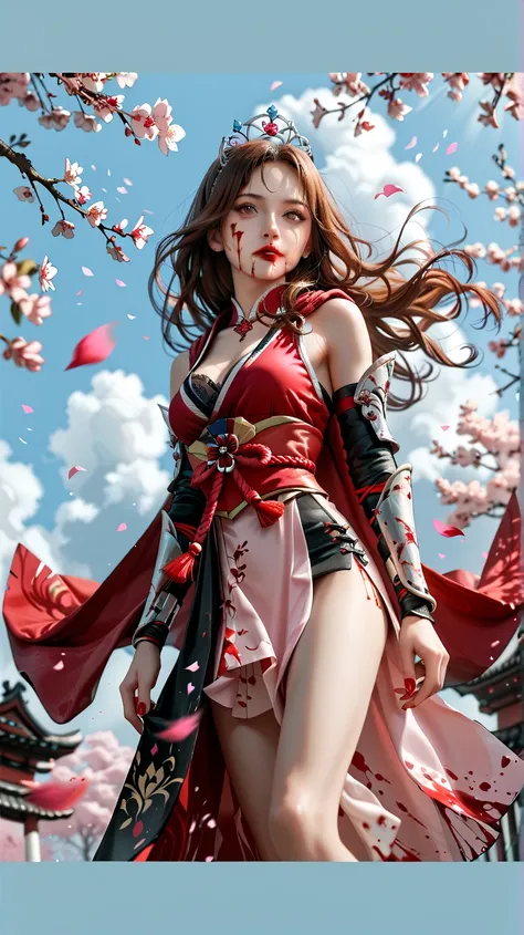 High Resolution, Masterpiece, Best Quality, Nordic princess, holding a bloody Kitana, splattered by blood, bloodsoaked, skinny, narrow hips, small buttocks, medium sized breasts, long brown auburn hair, straight flowing hair, hazel eyes, blood splattered o...