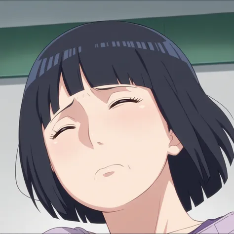 score_9, score_8_up, score_7_up, source_anime, anime screencap, 1girl, solo, black hair, hinata_v2, shorts, straight hair, shiny hair, white eyes, no pupils, mature female, armpits, short hair, pouty mouth, closed eyes, mouth opened,