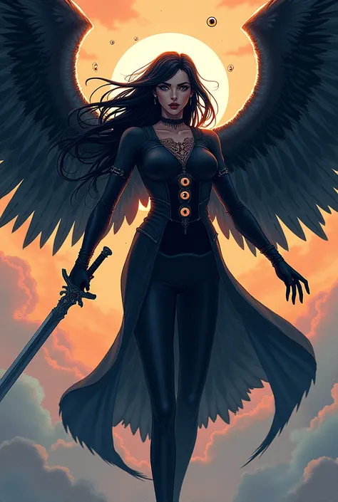 Can you make me an image of an androgen angel with black hair she has six wings she has rings with eyes around her face and holds a sword while flying she can do contemporary art style 