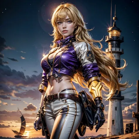 yangxiaolong, yang xiao long, smiling, long hair, blonde hair, large breasts, (purple eyes:1.3), ahoge, bangs, BREAK wearing a white ski jacket with gold trim, white ski pants, mechanical arms, single mechanical arm, prosthesis, prosthetic arm, BREAK walki...