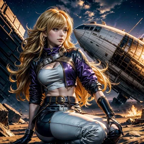 yangxiaolong, yang xiao long, smiling, long hair, blonde hair, large breasts, (purple eyes:1.3), ahoge, bangs, BREAK wearing a white ski jacket with gold trim, white ski pants, mechanical arms, single mechanical arm, prosthesis, prosthetic arm, BREAK walki...