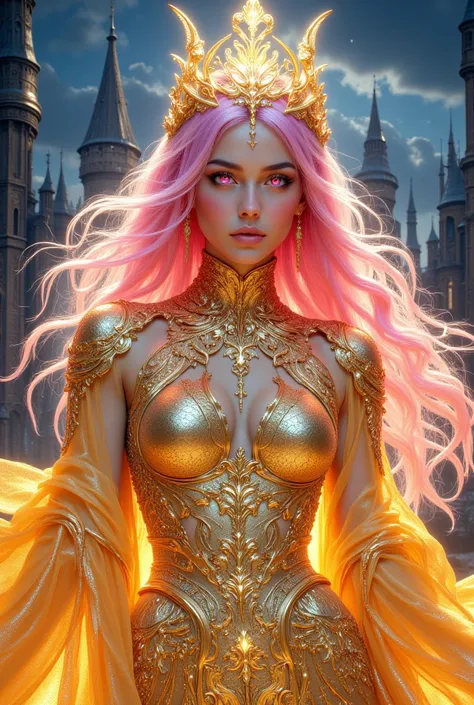 Beautiful young woman Golden attire, long pink hair, pink eyes, hers outfit gold, Background is night castle 