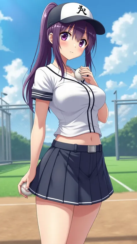 Japanese anime style、 high school girl 、baseball tight uniform、  Baseball Cap  、Dark Purple Long Hair、single ponytail、  Purple Pupils、 skirt、 Chest plump、driving range、left pitcher、Holding a baseball