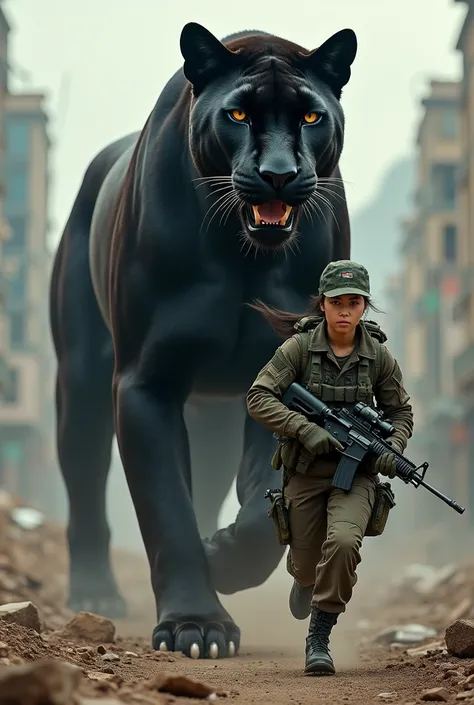 crea una imagen  well detailed de una pantera negra gigante al estilo militar, in front of the black panther a Colombian female soldier carrying a machine gun runs in front of the black panther,(Ultra 8k running,military warrior style , well detailed, perf...