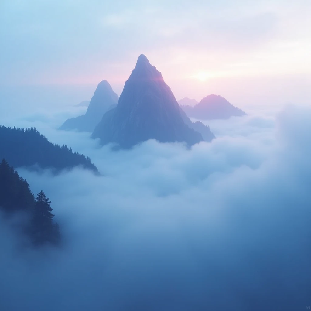 Serene misty mountains at dawn, peaks emerging from clouds, in soft blue and purple hues