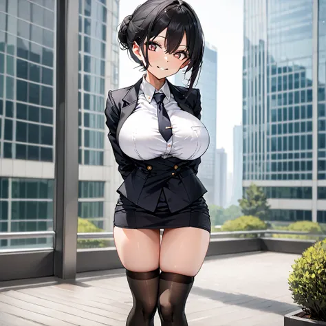 masterpiece, landscape, office, skyscrapers in distance, BREAK, (1 skinny girl standing), arched back, arms behind back, (bouncing breasts), smile for viewer, BREAK, business suits, (black blazer:1.3), white blouse under blazer, necktie, (black short penci...