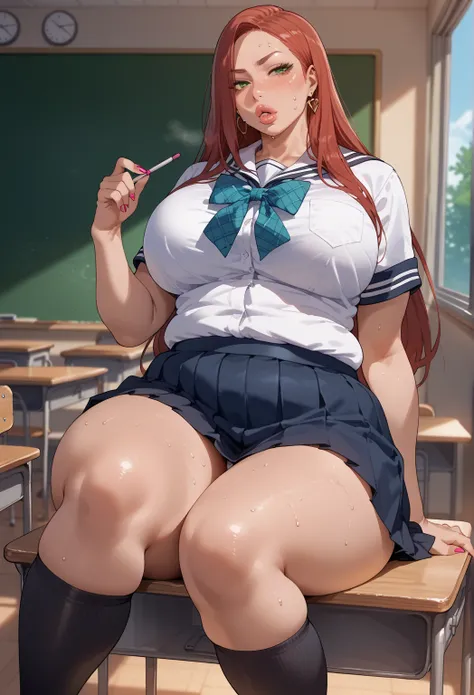 score_9, score_8_up, score_7_up, score_6_up, source_anime, rating_explicit, 1girl, (solo:1.2) ,long hair, green eyes, (red hair), school uniform, skirt the goes down to her knees , fully clothed, fully covered, undergarments ( bra and thong ( underneath sc...