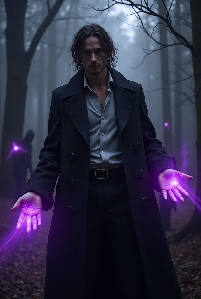 Handsome Witch Man . wearing a shirt,  Black pants and jacket  ,  In the background a dark forest with figures of ghostly souls  .   Purple rays emanate from his hands and is surrounded by a black aura. 