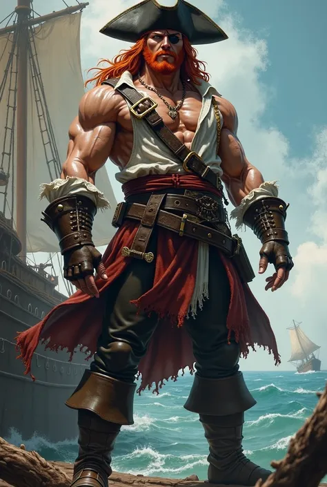 A white-skinned pirate man,  long red hair, An eye slap , Strong, muscular body and an ordinary pirate costume in anime traits.