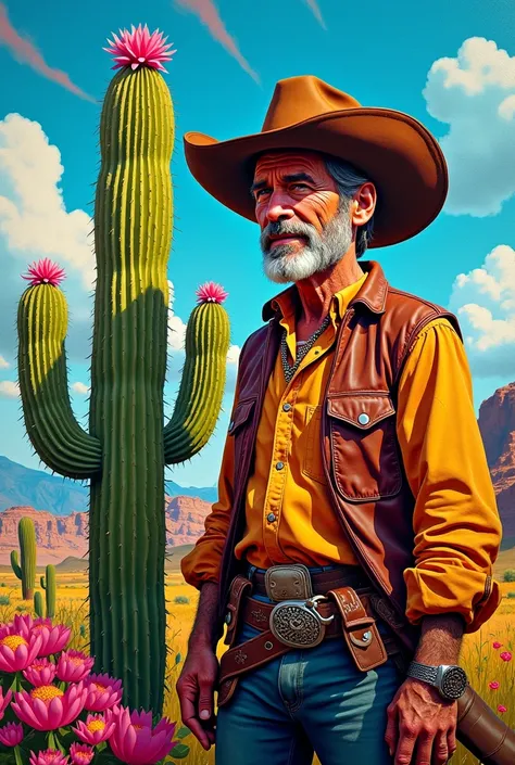 A Romero Britto-style oil painting on canvas depicting a flowering cactus and a Northeastern cowboy wearing a leather hat and leather clothing 