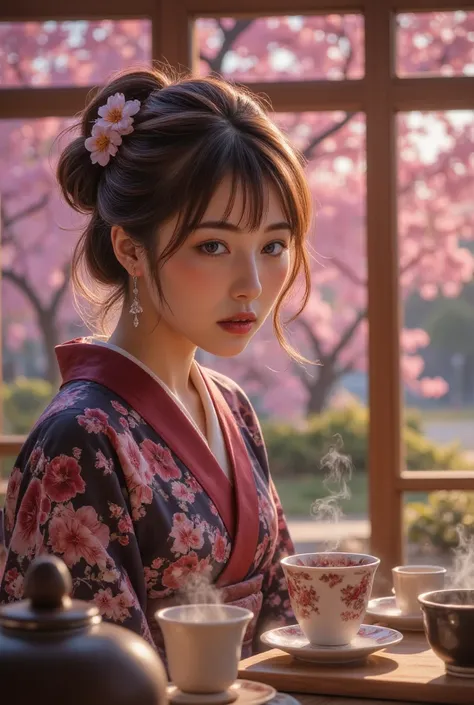   A beautiful young woman in the tea room ,  A beautiful young woman in the tea room , blunt bangs,  very cute, bread,  earrings, The side of the face ,  A kimono with attention to detail ,  Elegant Movement , Steam rising from a teapot ,  A gorgeous tea s...