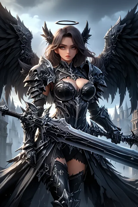 a woman in armor holding a sword and a sword, angel knight gothic girl, villainess has black angel wings, detailed fantasy art, angel knight girl, epic fantasy art style hd, 4k fantasy art, dark armor, stunning armor, hd fantasy art, deathknight, 8k fantas...