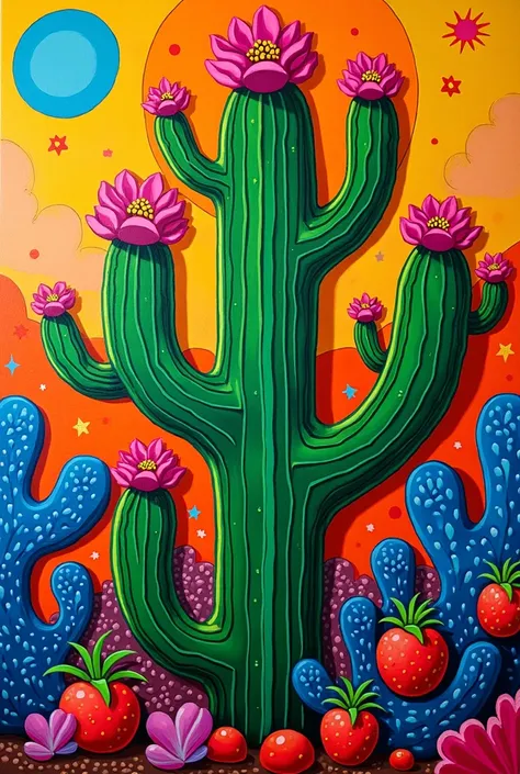 A Romero Britto-style oil painting on canvas depicting a flowery cactus with its fruits 