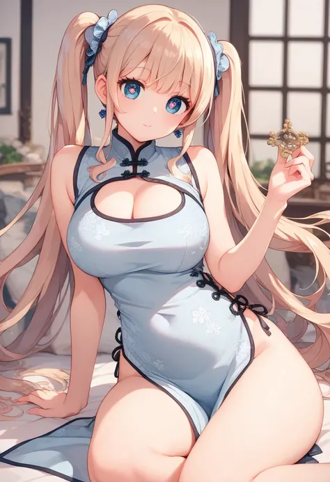  highest quality, China Dress, big breasts, cute girl, thighs, cleavage,curvy,glamorous, twin tails,ガーターベルト,perfect hands,perfect legs,ストッキング,cute eyes,