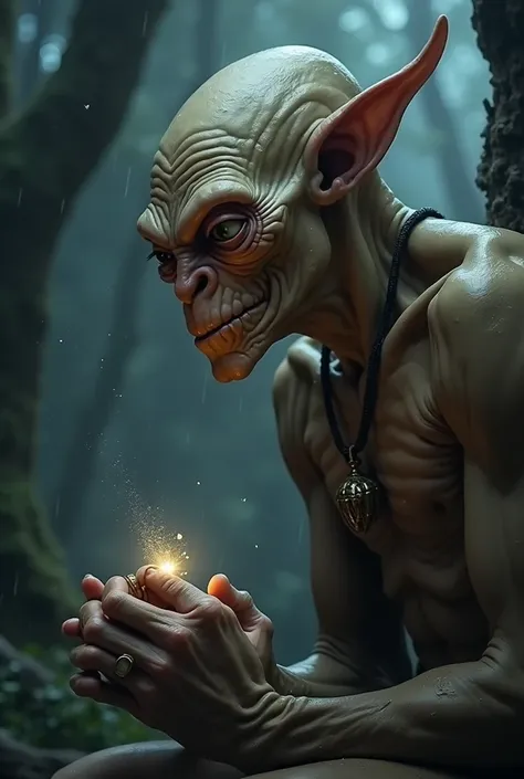 The character Gollum in the Lord of the Rings movie sits alone in a forest. The weather is slightly rainy and misty. We see his side profile. He is happy. Behind Gollum there is a forest. It is a gloomy picture. Gollum has the ring of power in his hand. Th...