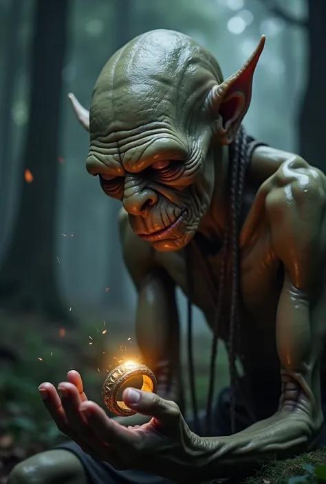 The character Gollum in the Lord of the Rings movie sits alone in a forest. The weather is slightly rainy and misty. We see his side profile. He is happy. Behind Gollum there is a forest. It is a gloomy picture. Gollum has the ring of power in his hand. Th...