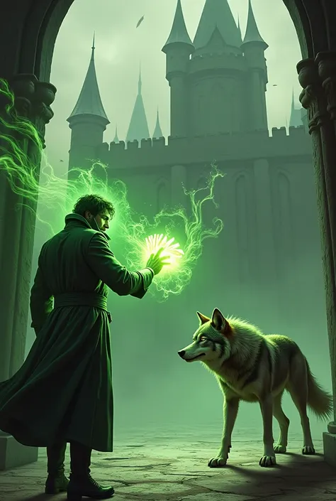 Gambit with cards wrapped in green magic and a wolf against the background of a castle