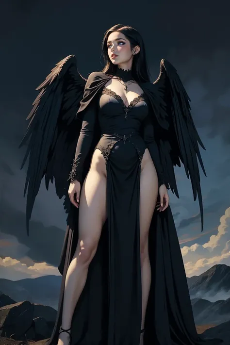 A woman in a long (suggestive dress) of a gothic style, body with pale skin, hair lifted by the wind, straight long black hair, two pairs of black wings, spread black wings, thick thighs, full body, turned legs, (full sky of background:1.2), deep blue tone...