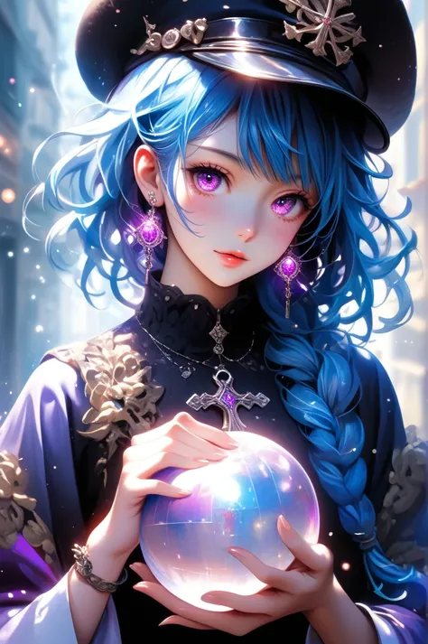 Off-center composition, medium close-up, The image is a digital illustration of a dark and mysterious creature. The creature appears to be a woman with long blue hair, wearing a black hat with intricate designs on it. The hat is tilted slightly to the side...