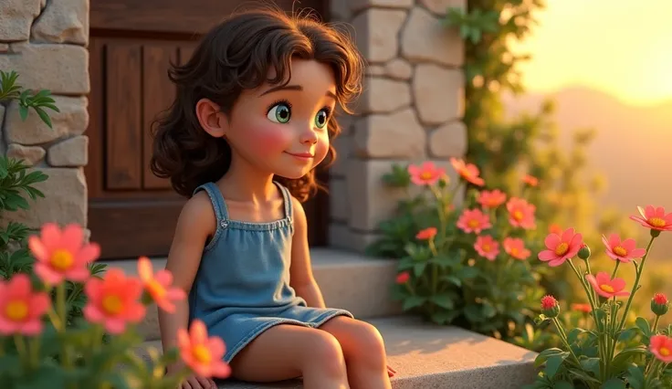 a young girl, around s ,  with curly brown hair ,  bright green eyes and tanned skin , sitting on the steps of a cozy stone house .  She wears a simple blue dress and looks at the bright flowers with admiration.  Her face is illuminated by the soft golden ...